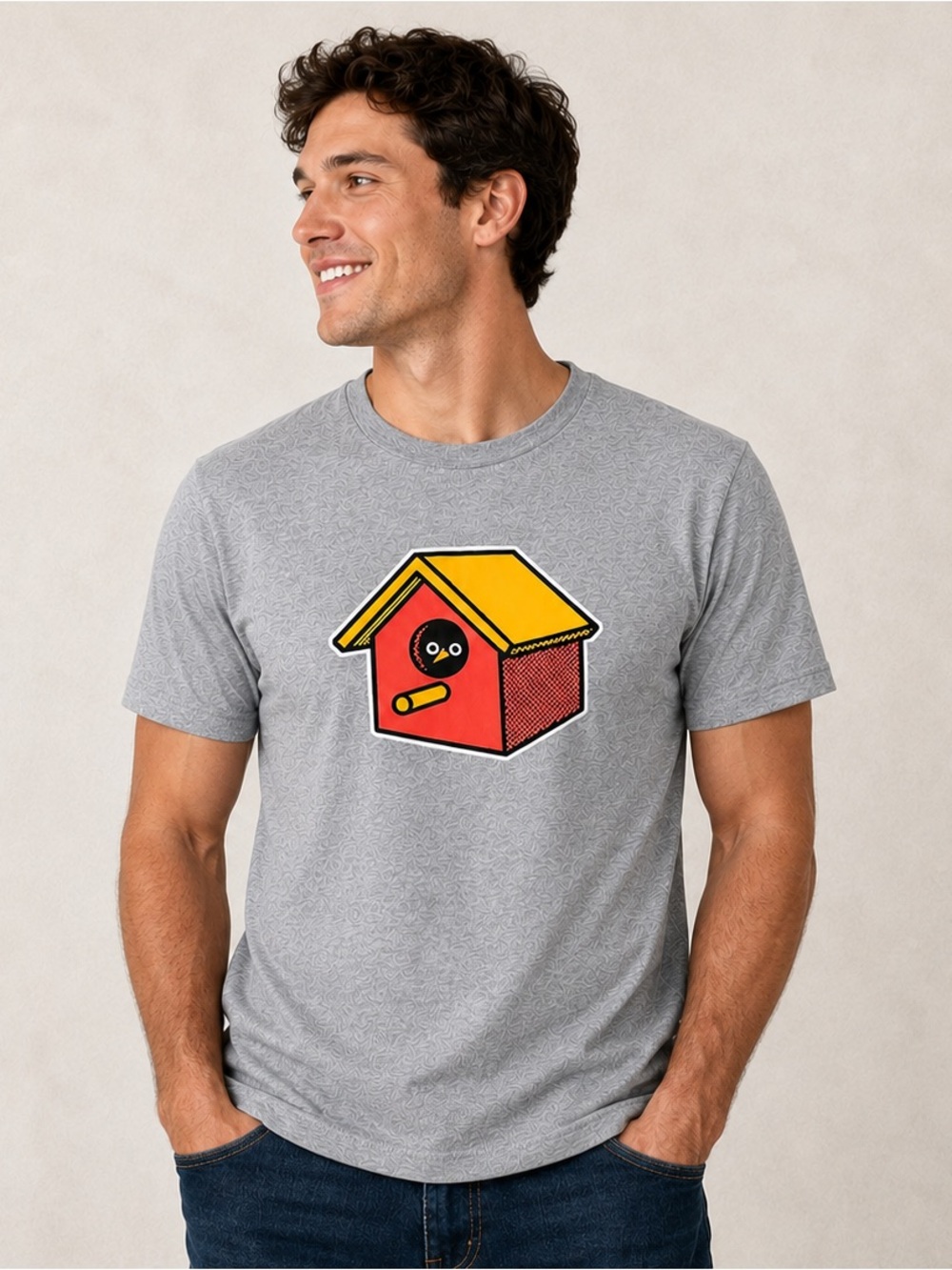Whistle & Flute Adult Gray Tee w/ Red & Yellow Birdhouse Graphic / Natural Fibre